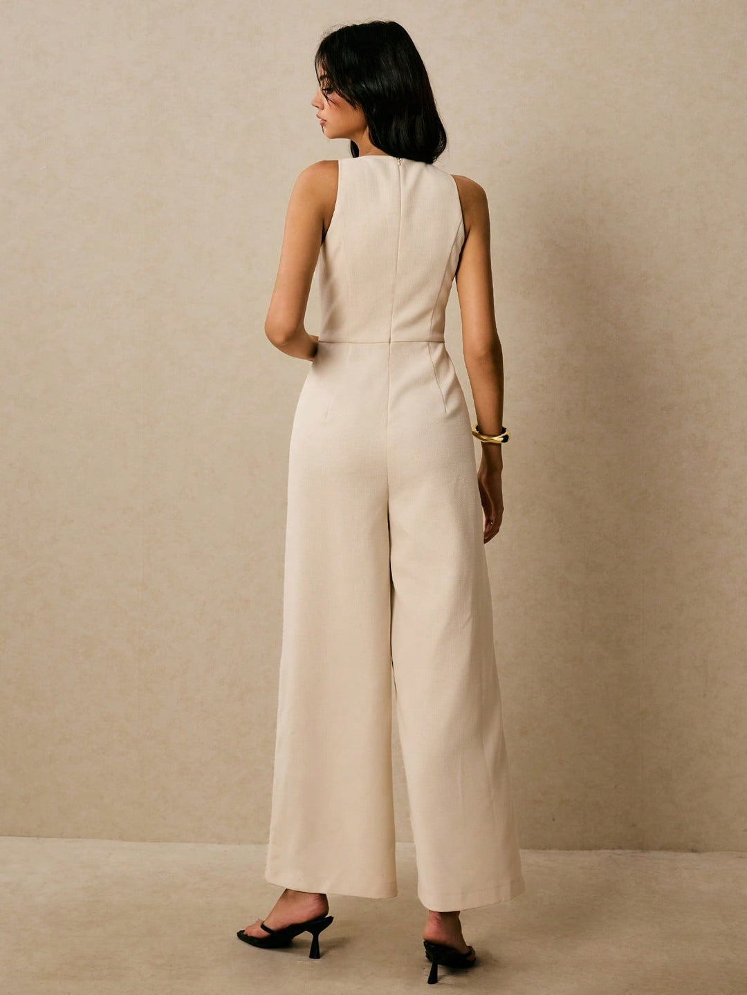 Cream Sleeveless Metal Buttoned Jumpsuits