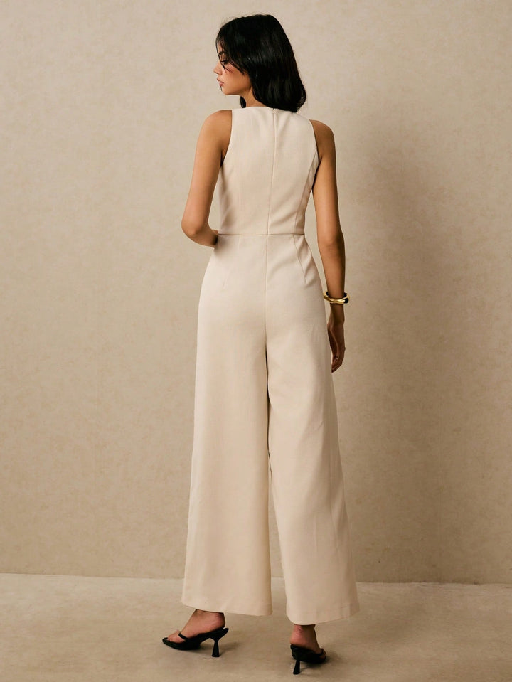 Cream Sleeveless Metal Buttoned Jumpsuits