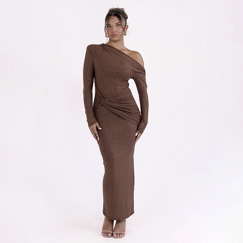 Brown One Shoulder Ruched Bodycon Dress
