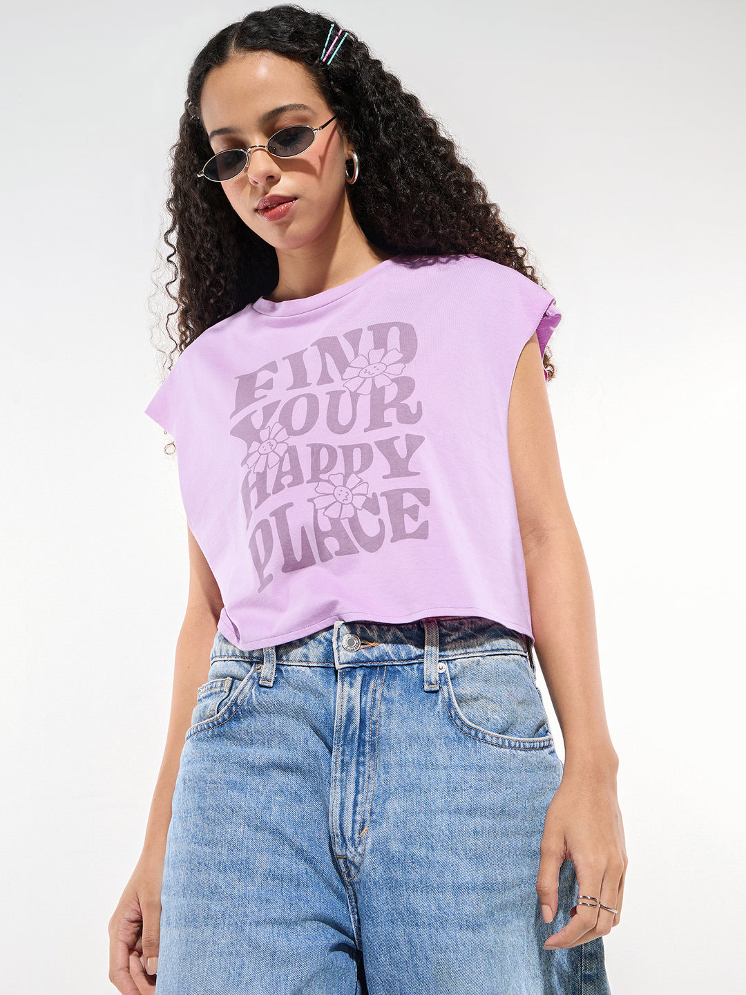 Lavender Sleeveless Crop Boxy Printed T-Shirt