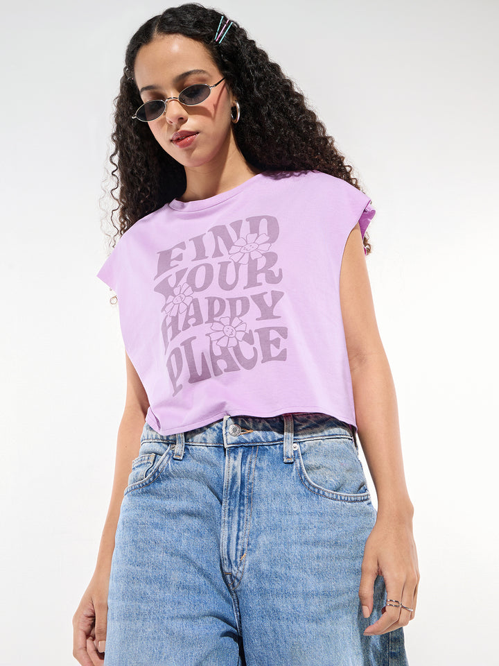 Lavender Sleeveless Crop Boxy Printed T-Shirt