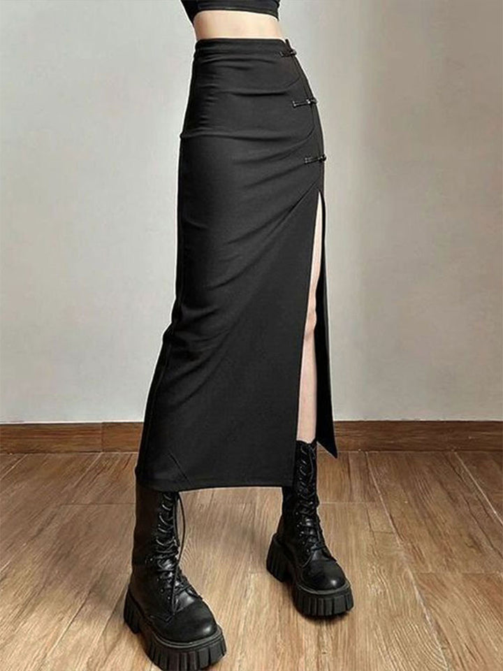 Black Side Slit With Button Midi Skirt