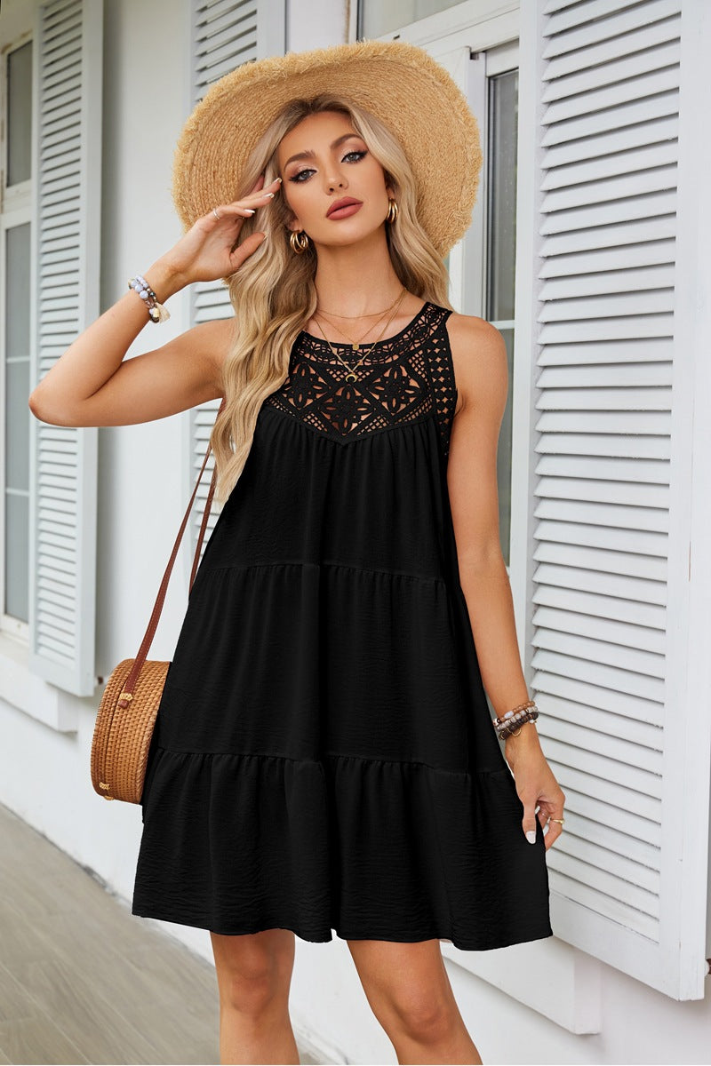 Black Lace Inserts Tiered Mini Dress