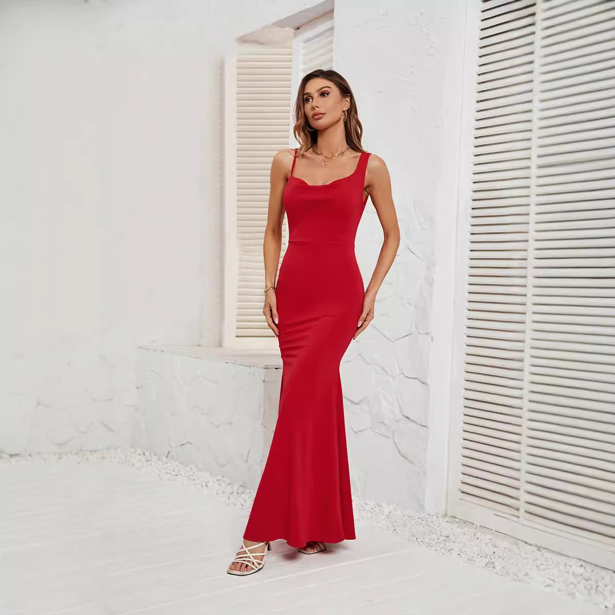 Red Fishtail Solid Maxi Dress