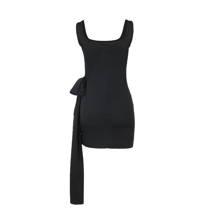 Black Square Neck Wrap Over Hem Dress