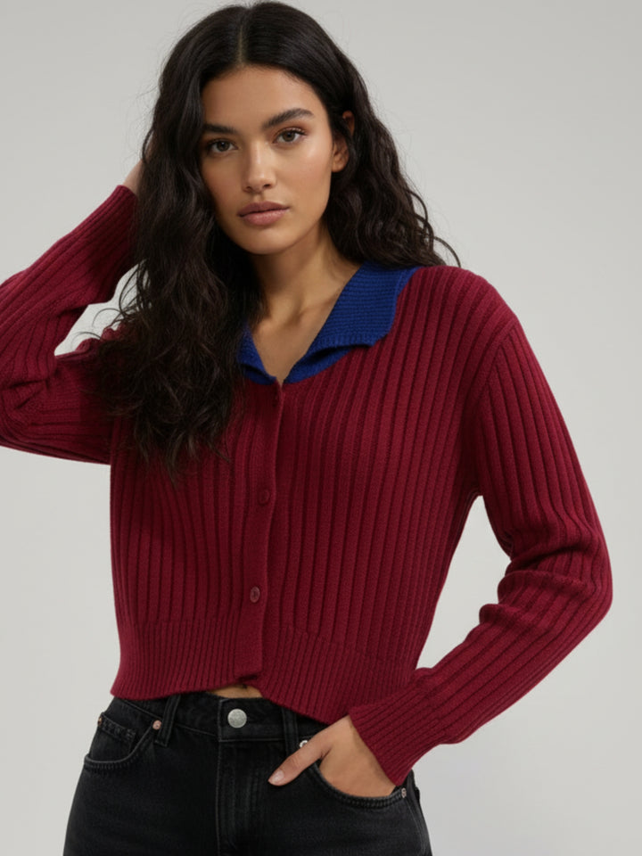 Red Full Sleeve Contrast Collar Cardigan