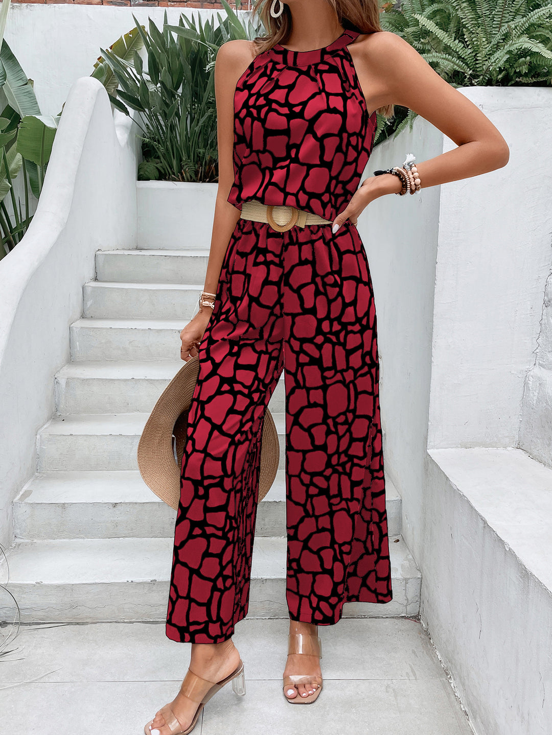 Red Printed Sleeveless Jumpsuit