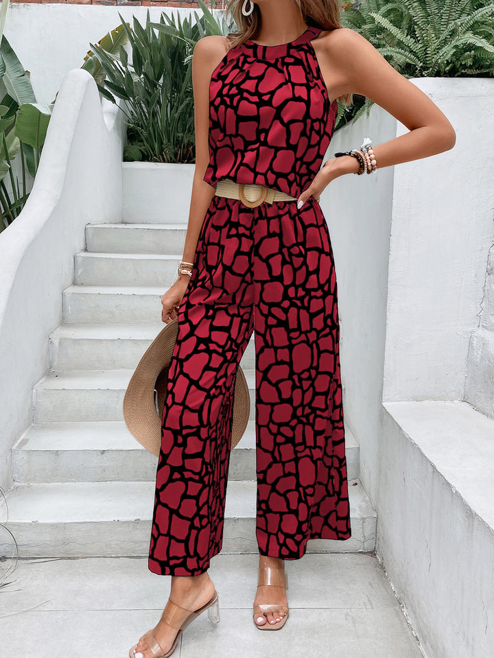 Red Printed Sleeveless Jumpsuit