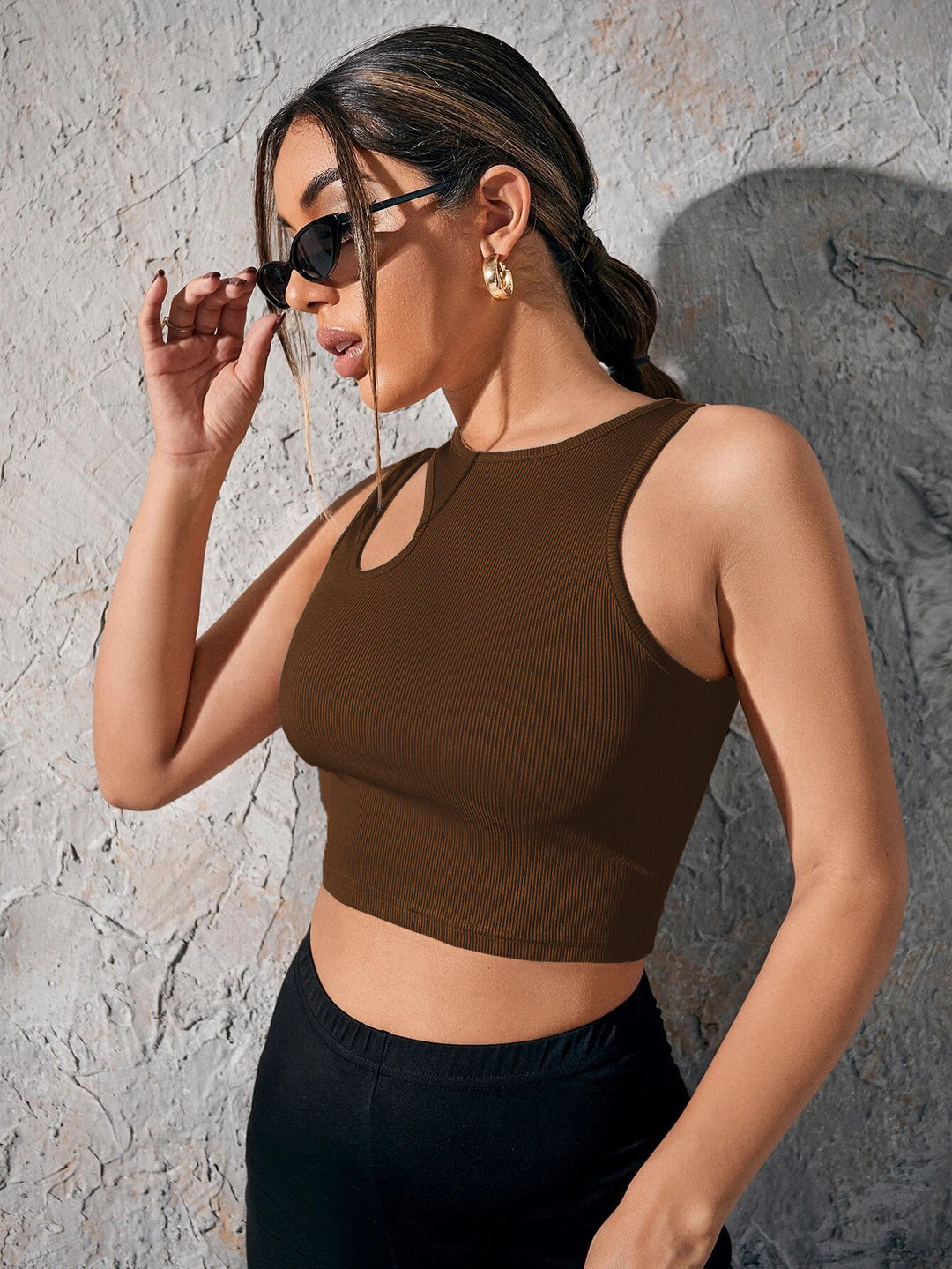 Brown Sleeveless Cut-Out Tank Top
