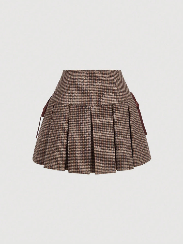 Burgundy Checkered Pleated Bow Detail Skirt
