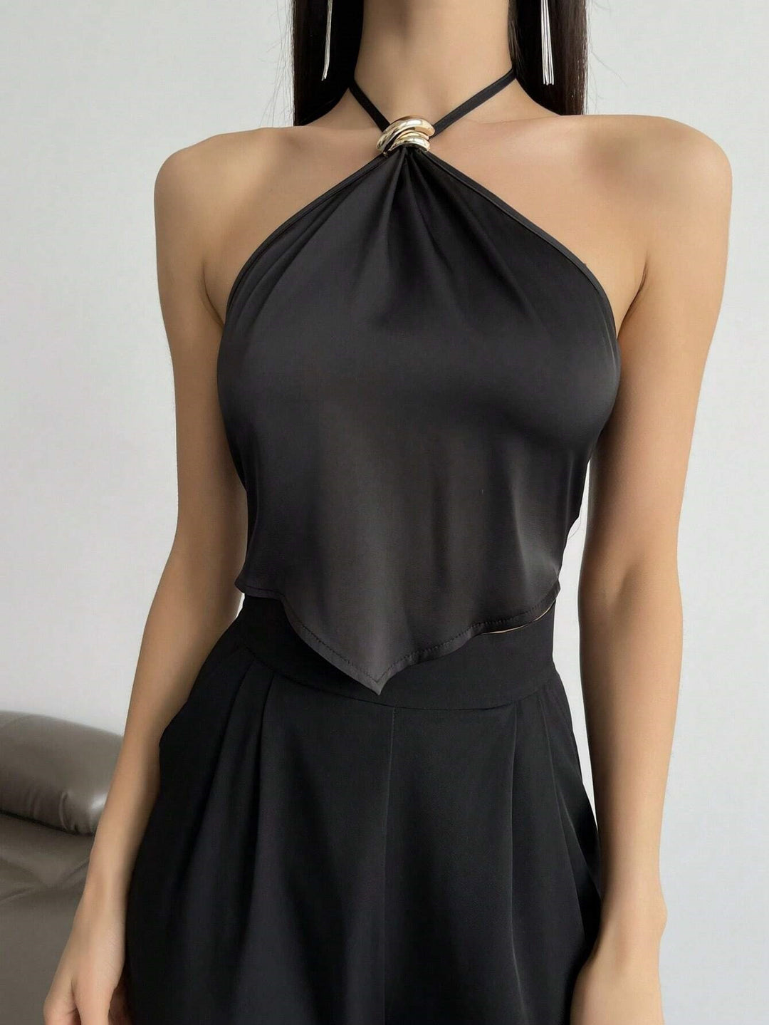 Black Halter Neck Buckle Attached Top