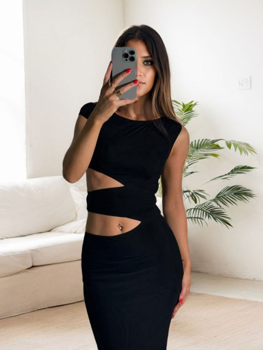 Black Cap Sleeve Waist Cut-Out Detail Dress