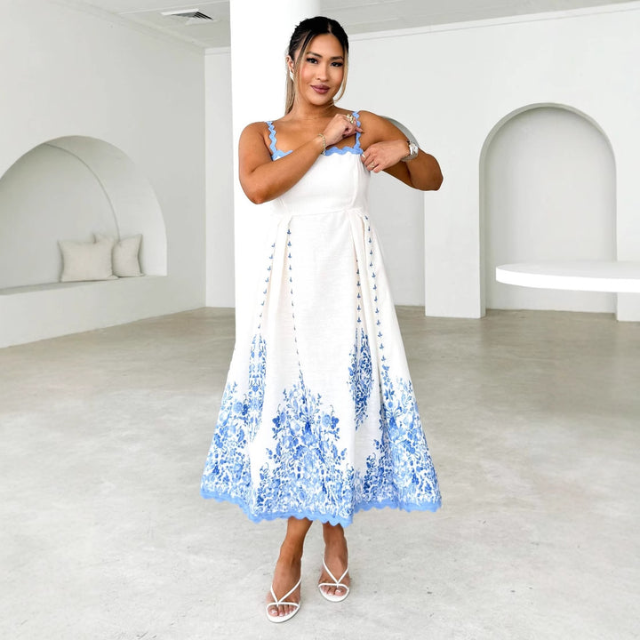 Blue Scallop Strap Midi Dress