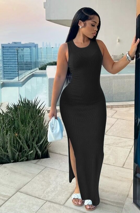 Black Wide Strapped Tank Bodycon Dress