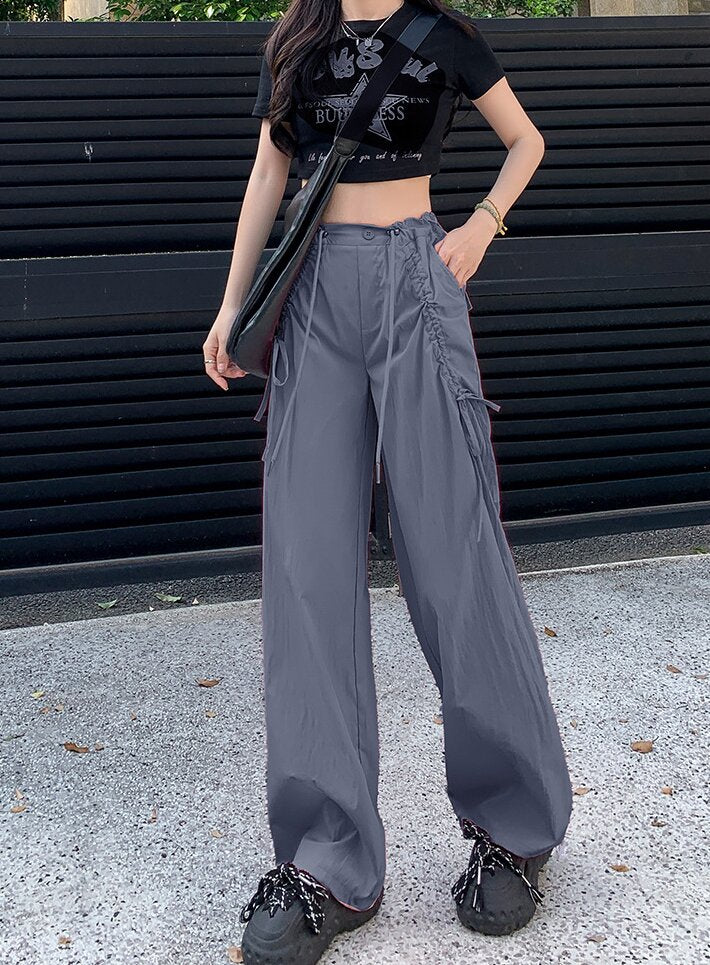 Charcoal Wide Leg Drawstring Parachute Pants