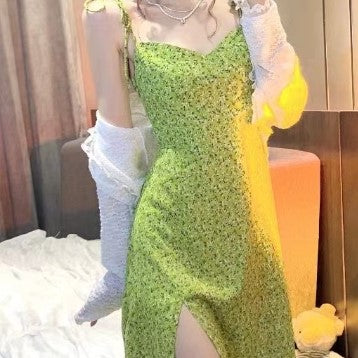 Green Shoulder Tie Up Front Slit Midi Dress