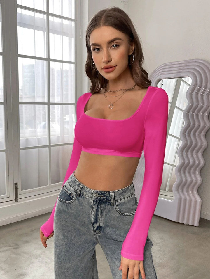 Pink Full Sleeve Round Scoop Neck Crop Top