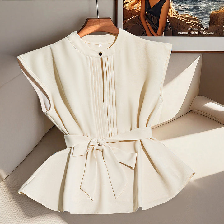 Off White Sleeveless Front Pleated Belted Top