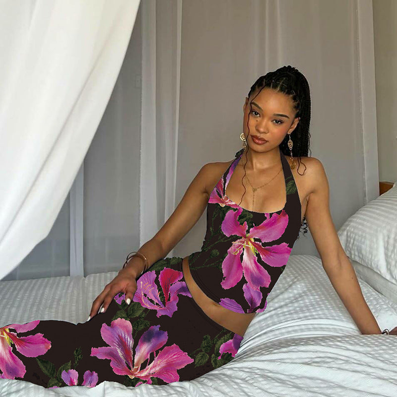 Black Printed Halter Top With Skirt Co-Ord Set
