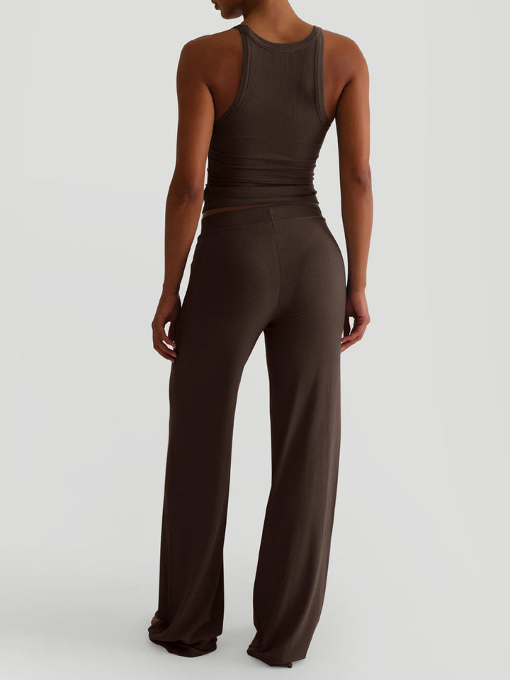 Brown Shoulder Strap Solid Top And Pant Set