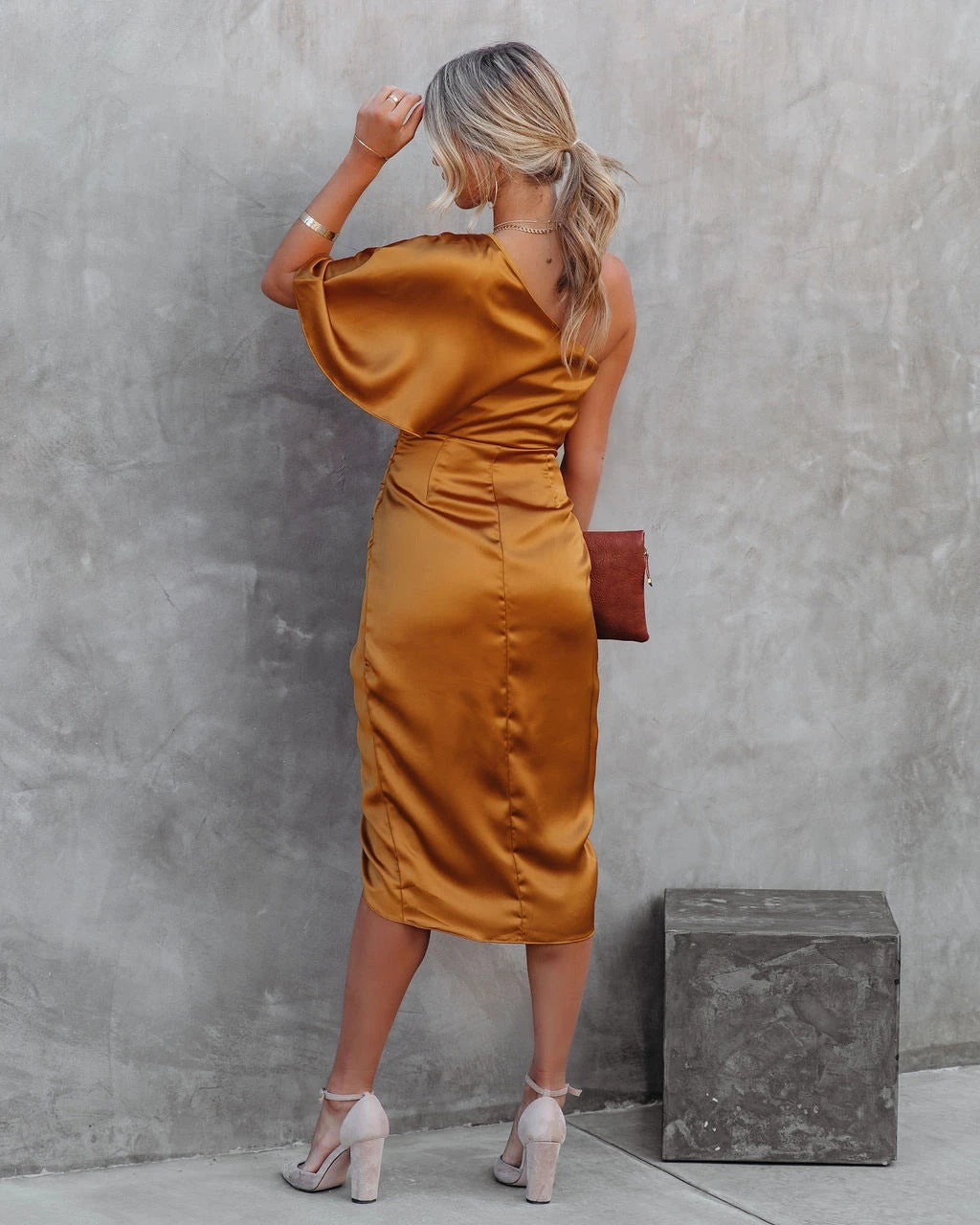 Mustard One Shoulder Sleeve Asymmetrical Dress