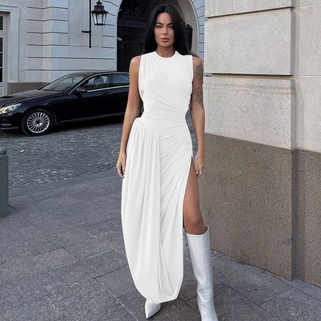 White Pleated Side Slit Maxi Dress