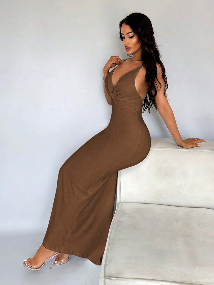 Brown Strappy Ruched Bodycon Dress