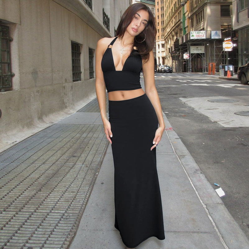 Black Halter Neck Top With Skirt Co-Ord Set