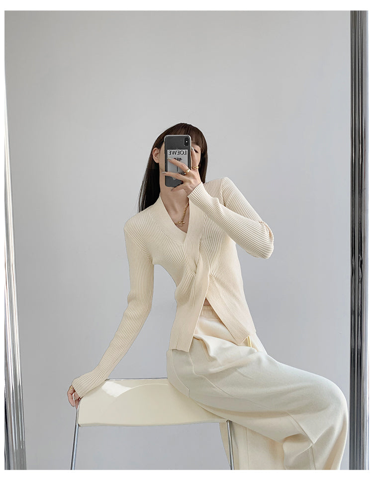 Cream Full Sleeve V Neck Wrap Pullover Top