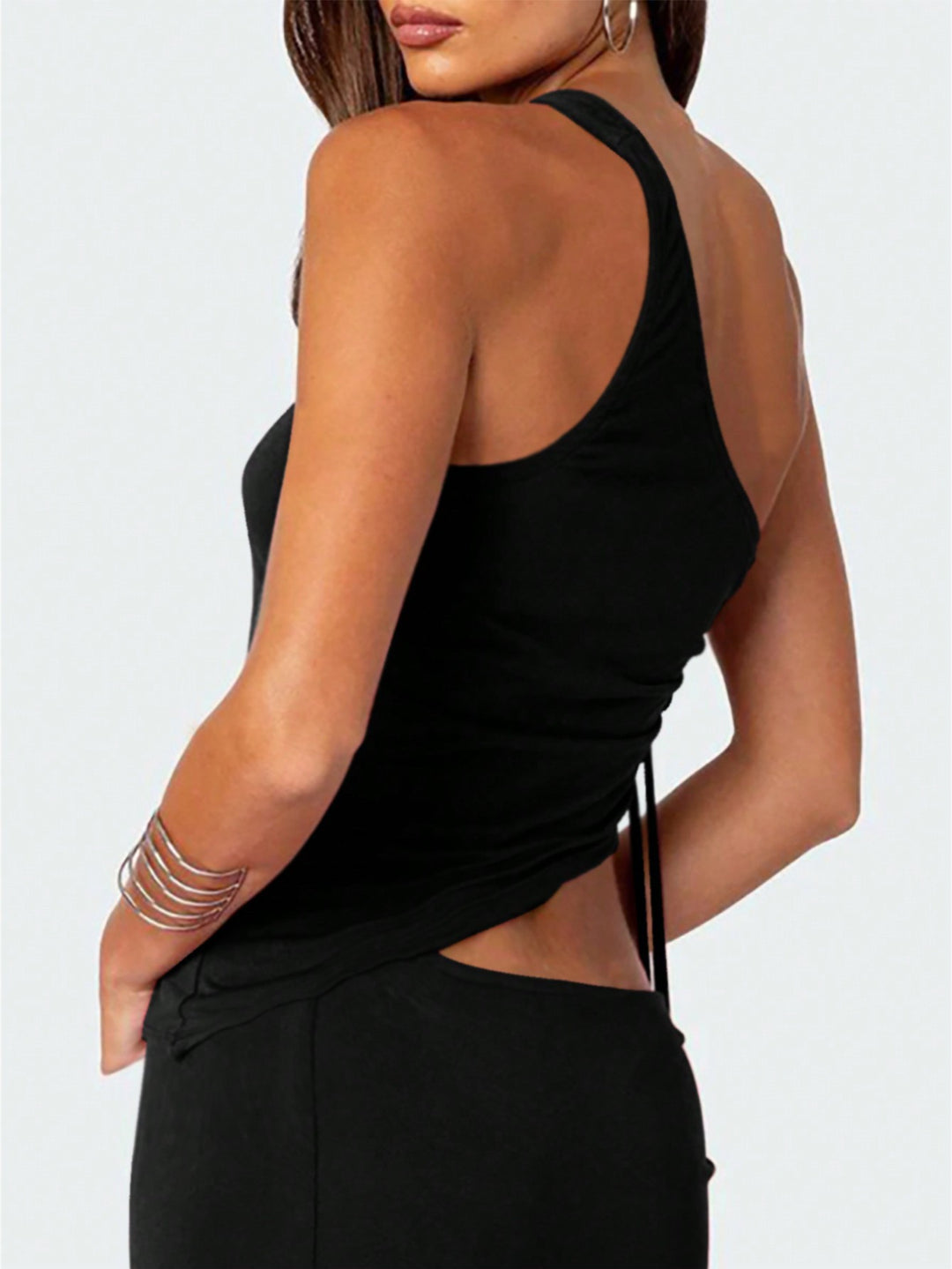 Black One Shoulder Side Ruched Top