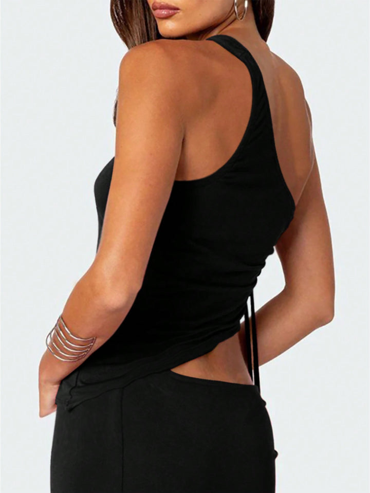Black One Shoulder Side Ruched Top