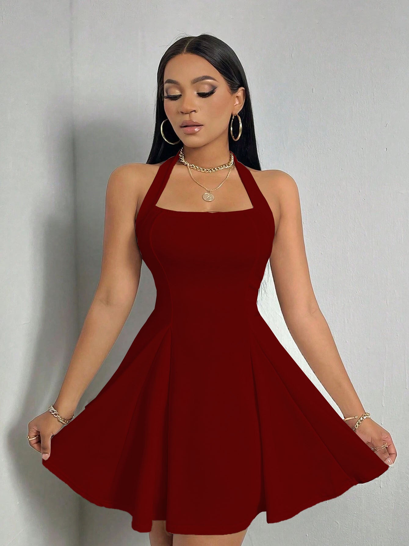 Wine Halter Neck Fitted Dress
