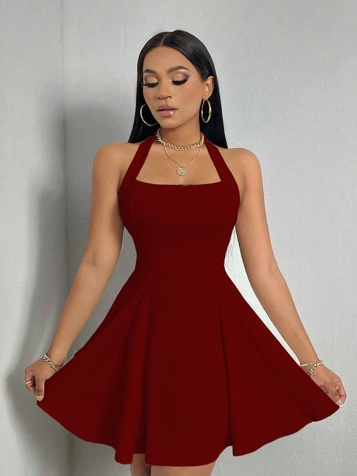 Wine Halter Neck Fitted Dress