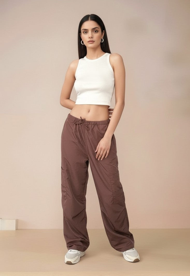 Brown Cargo Pockets Drawstring Wid Leg Trouser