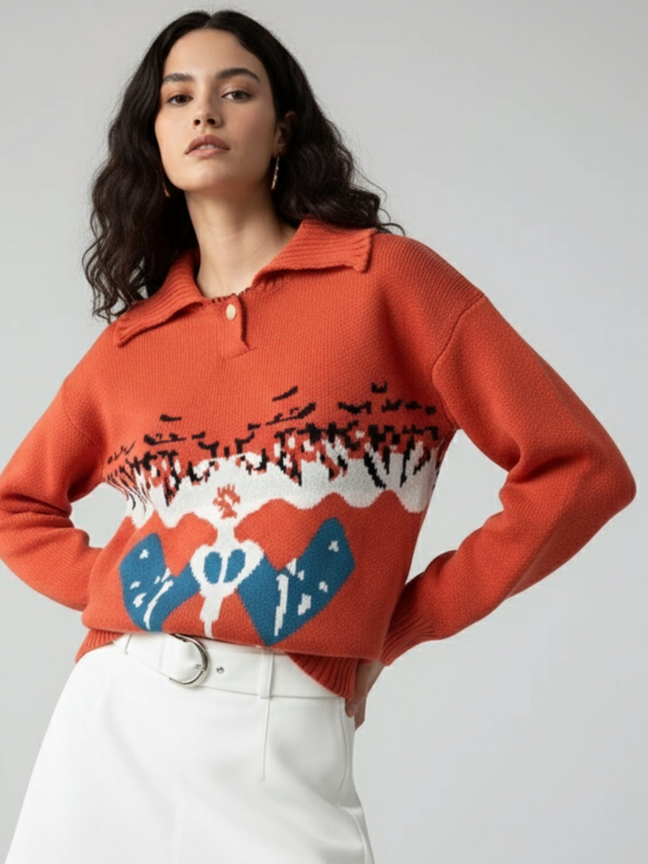 Red Collared Printed Single Button Sweater