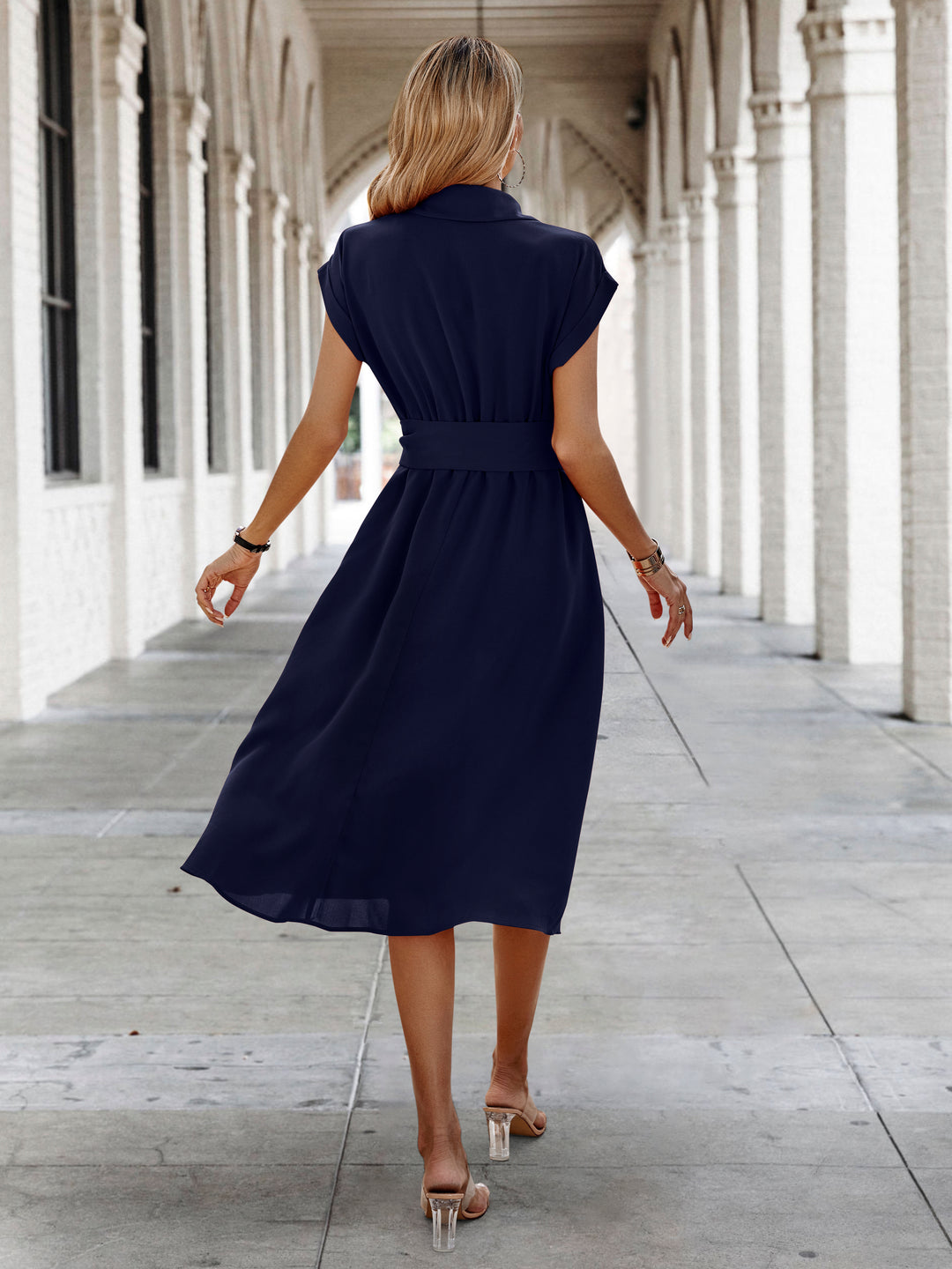 Navy Blue Button Down Tie Up Dress