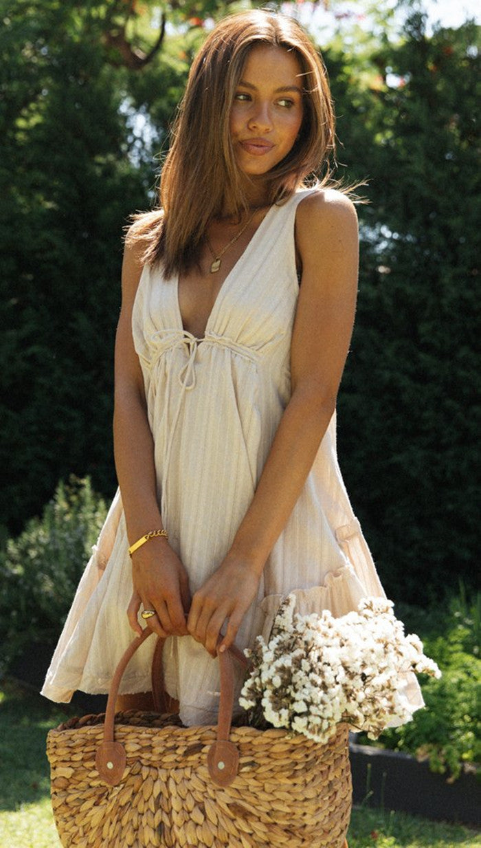 Cream Plunge Neck Flowy Mini Dress