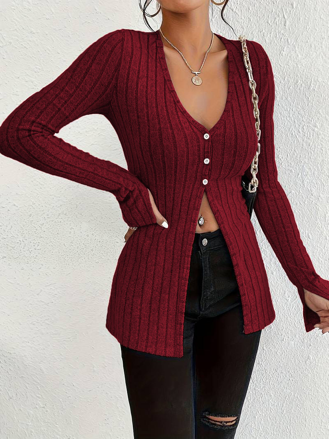 Wine Full Sleeved V-Neck Front Slit Top