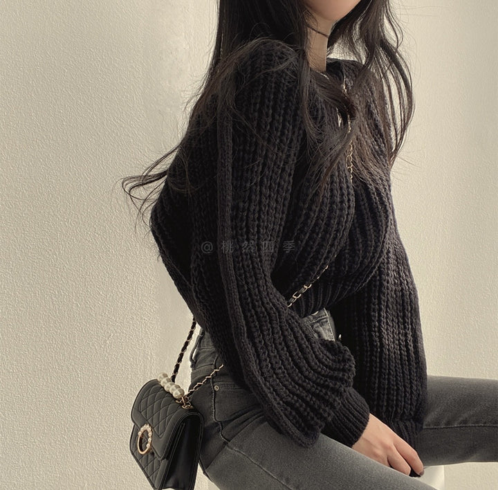 Black Puff Sleeve High Neck Plain Chunky Sweater
