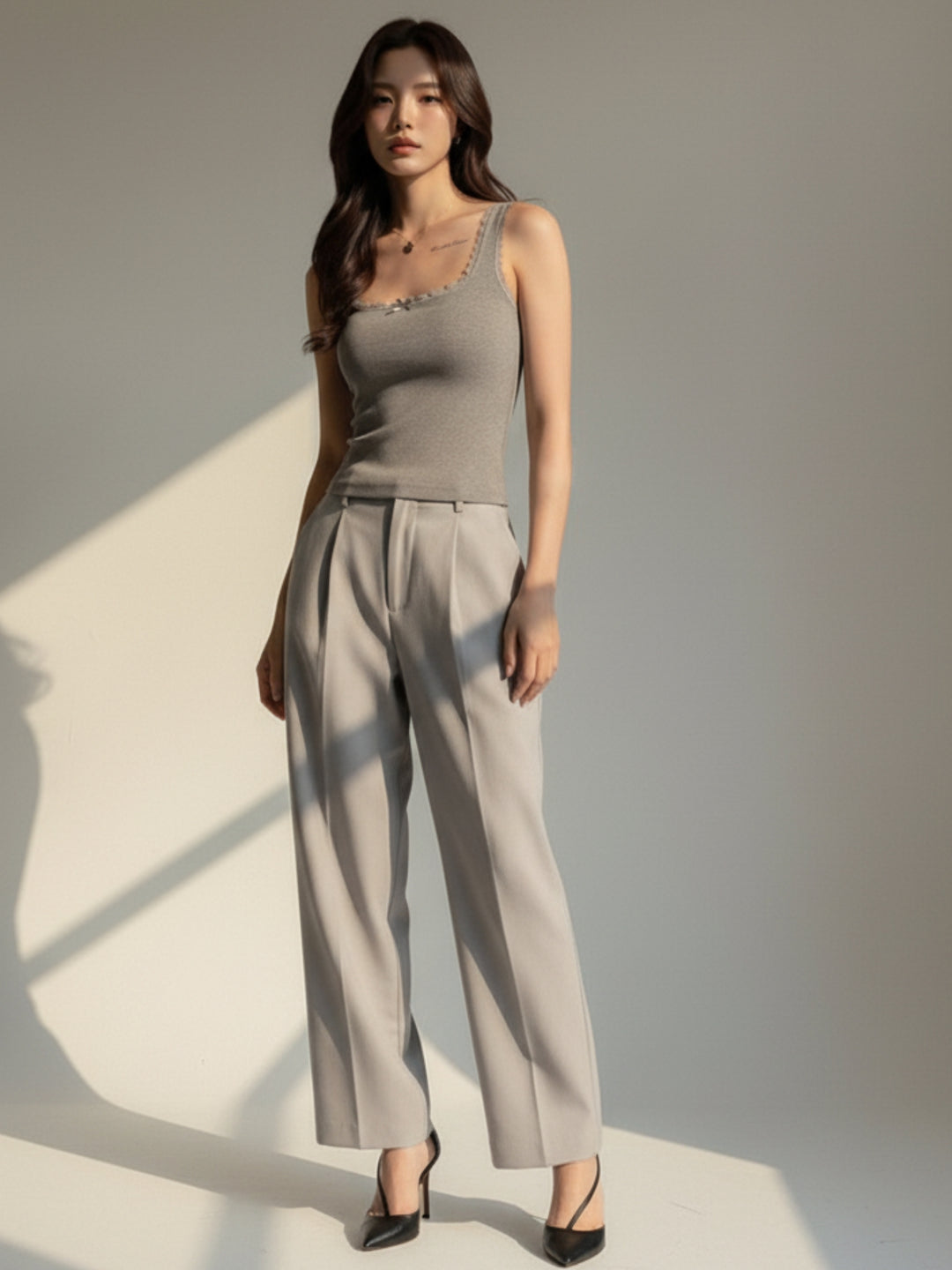 Grey Ribbed Lace Trim Tank Top