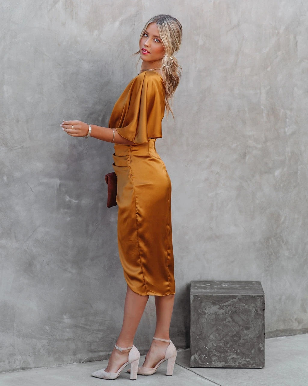Mustard One Shoulder Sleeve Asymmetrical Dress