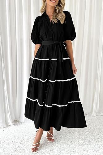 Black Button Down Puff Sleeved Shirt Dress