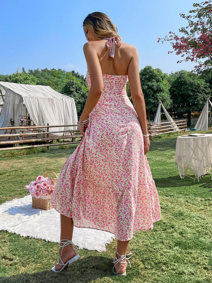 Pink Halter Neck Printed Dress