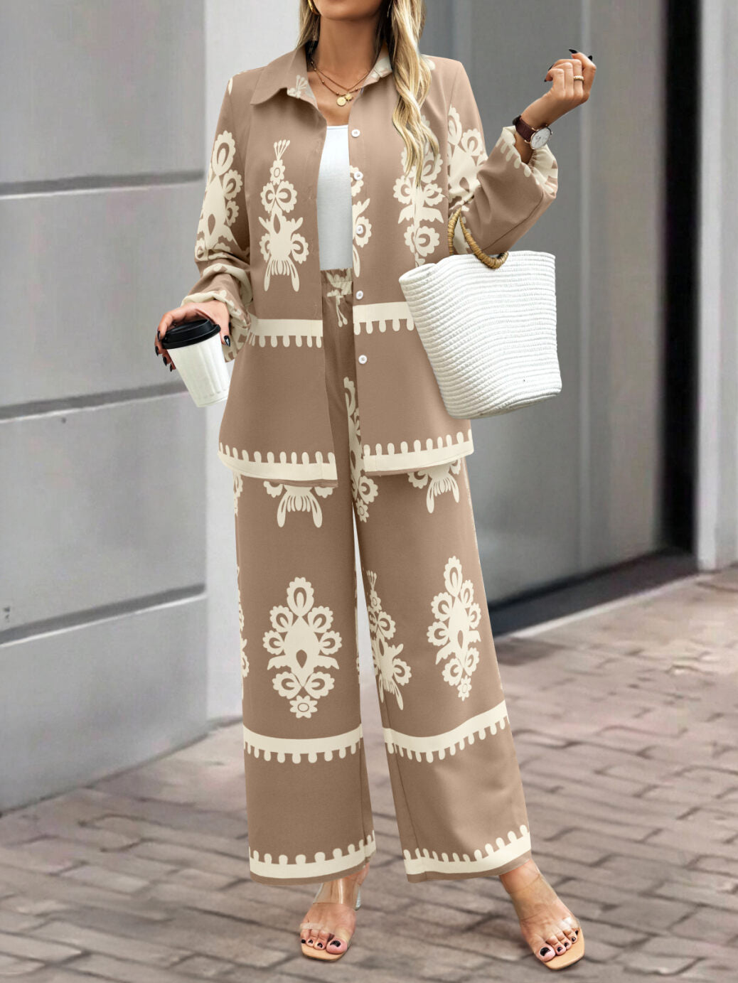 Beige Placement Print Shirt Trouser Coord Set