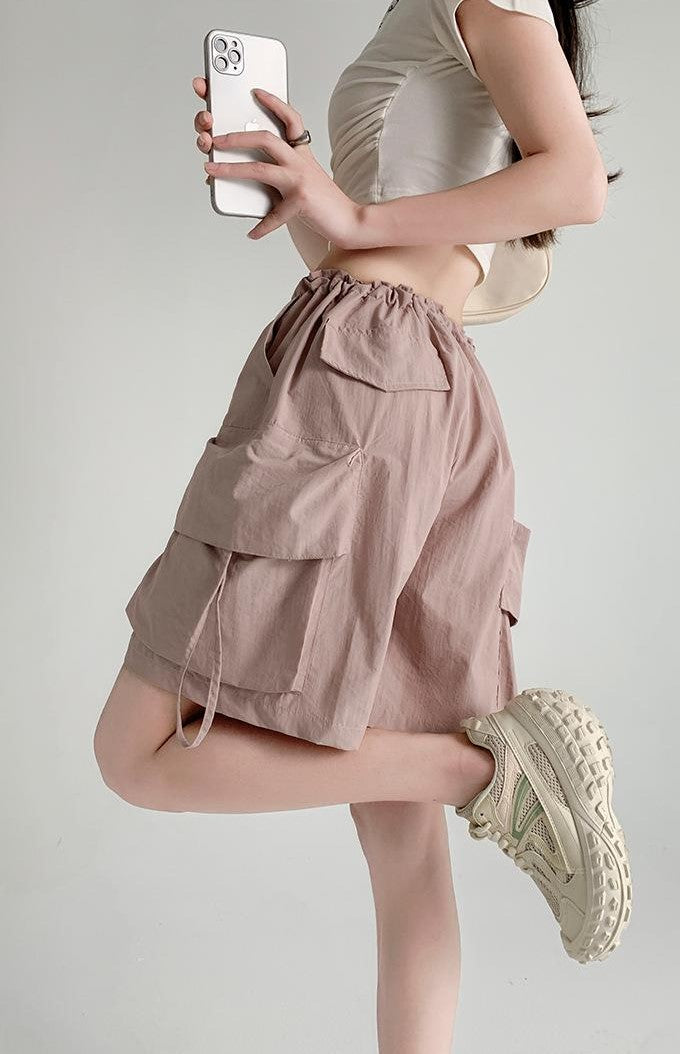Pink Relaxed Fit Drawstring Cargo Shorts