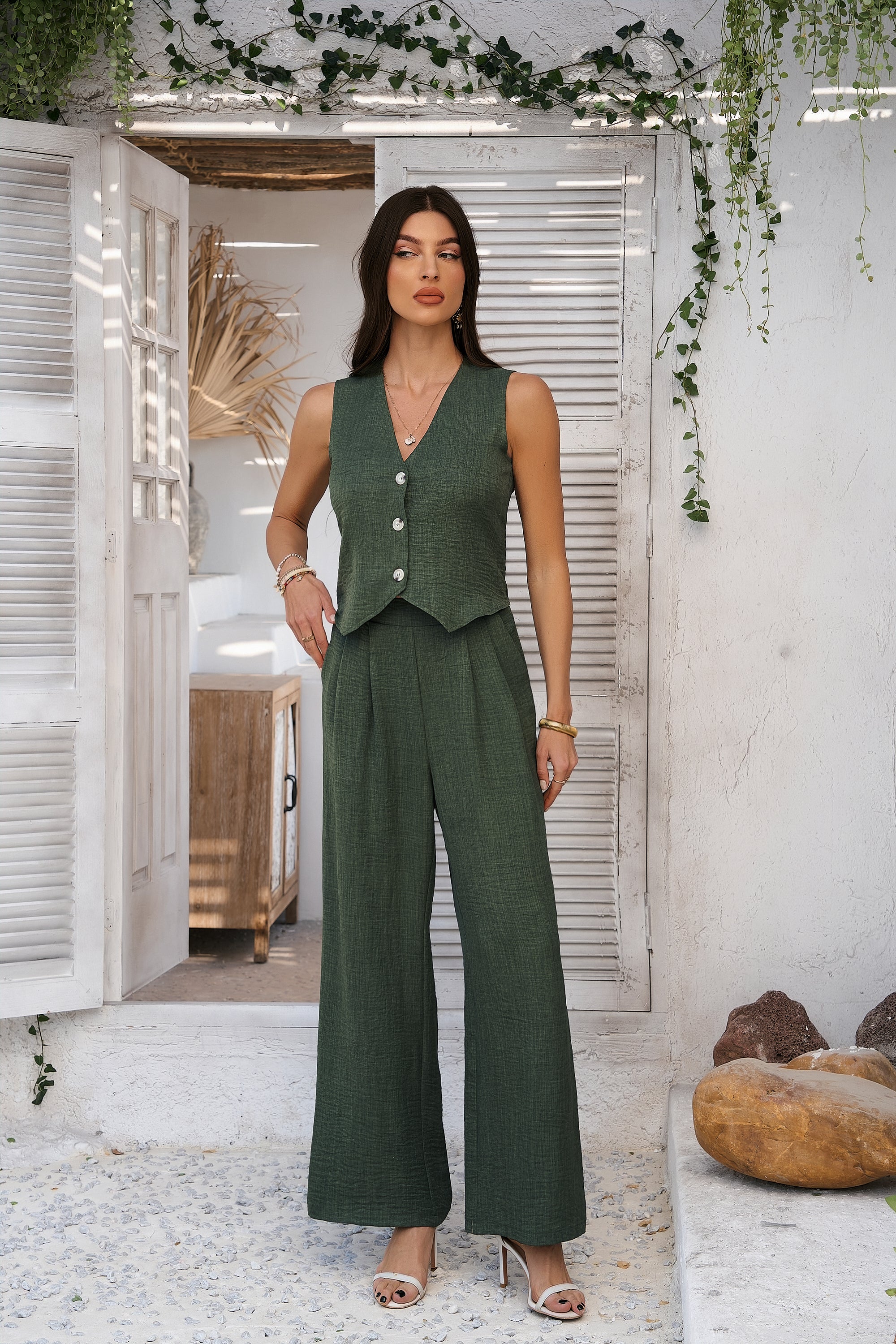 Green Trouser And Vest Co Ord Set