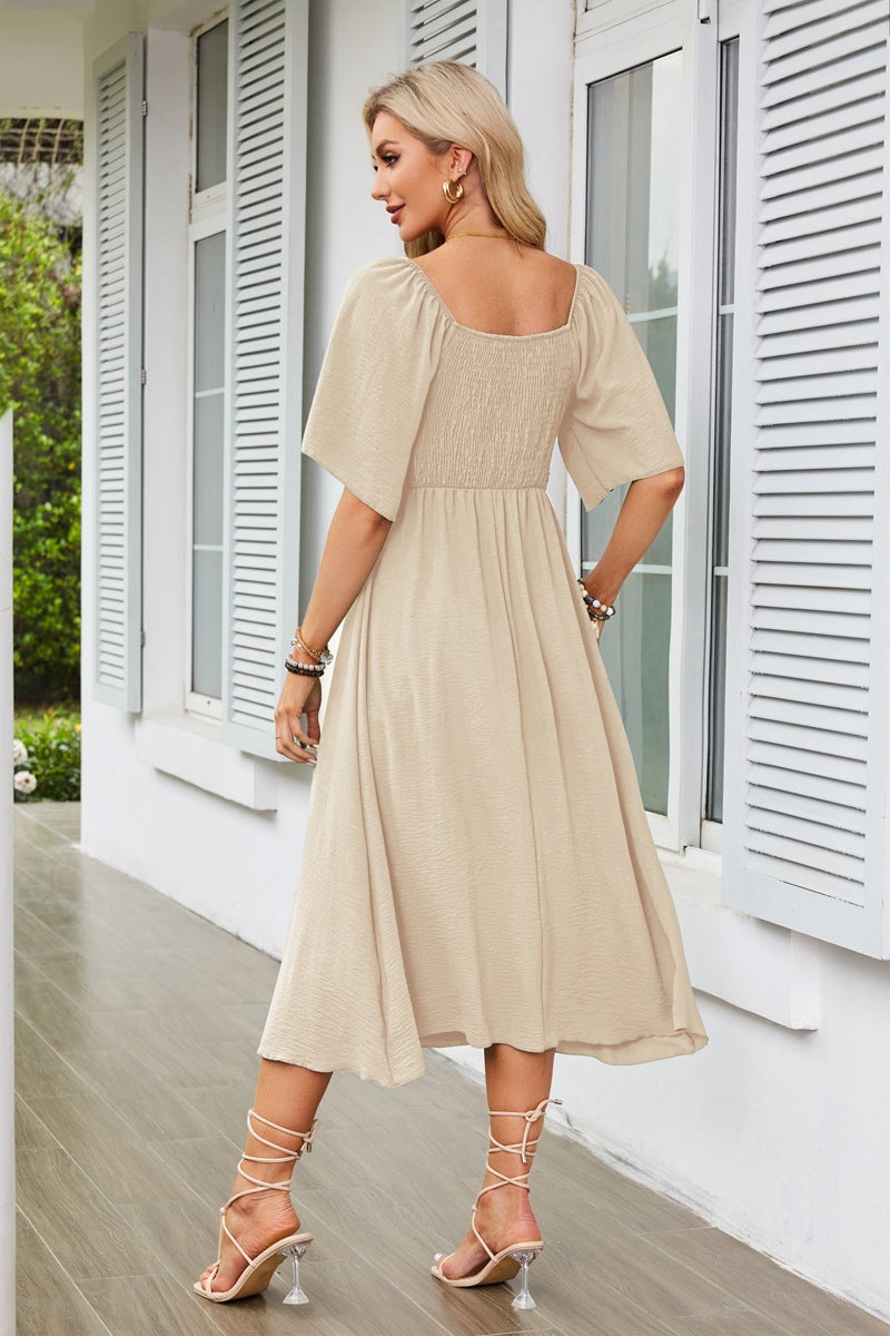 Beige Flutter Sleeved Bow Detailed Neck Dress