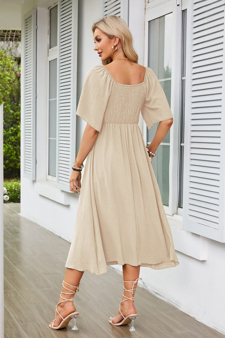Beige Flutter Sleeved Bow Detailed Neck Dress