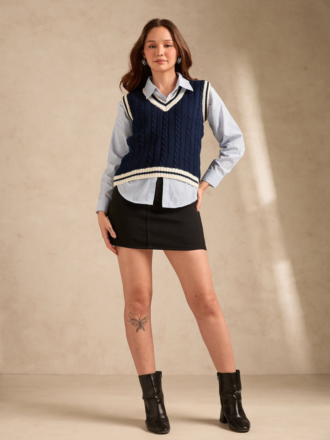 Navy Blue Varsity Contrast Tipping Sweater