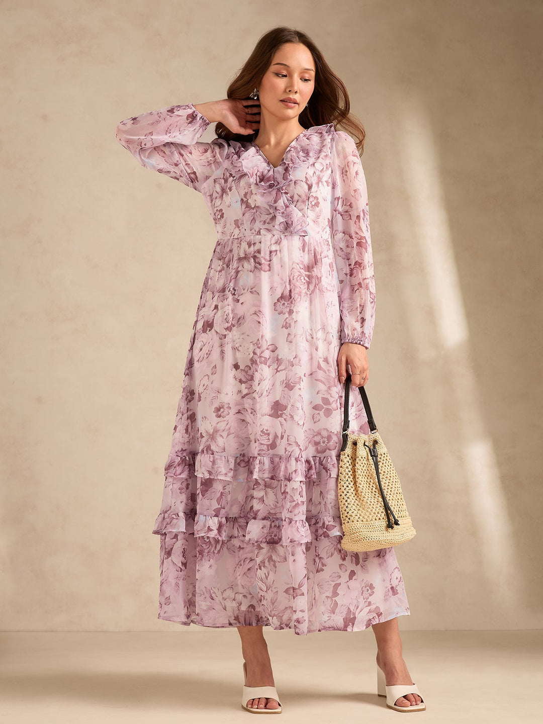 Pink Maxi Length V Length Printed Dress With Tiers